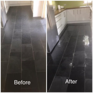 Black slate tiles deep cleaned and sealed with colour enhancing sealer